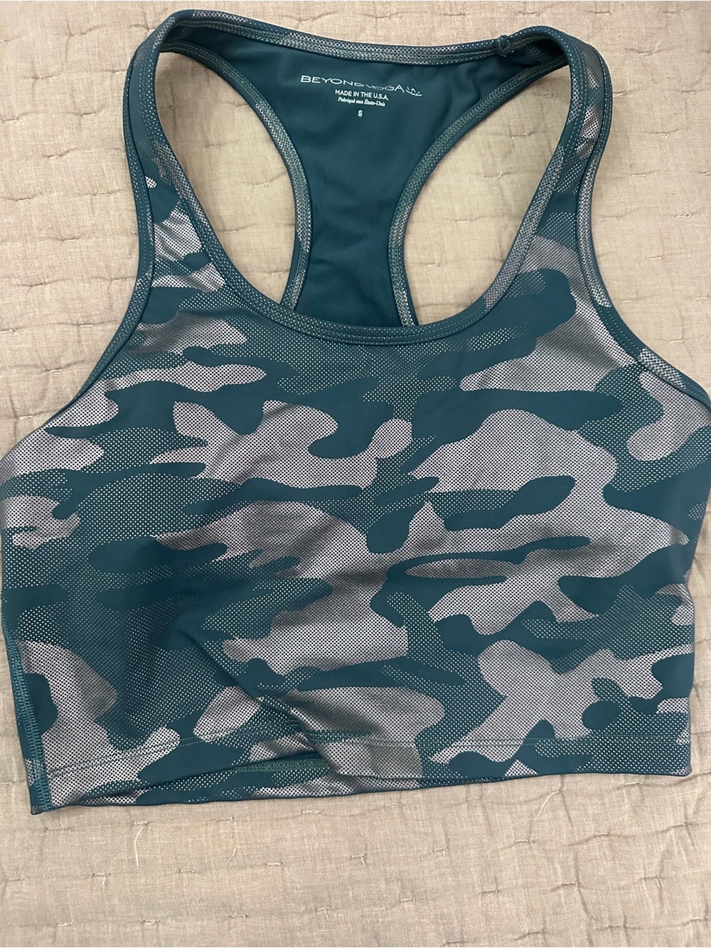 Beyond Yoga Green Shiny Metallic Camouflage Racerback Crop Top S